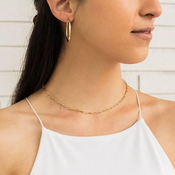 18K Gold Paperclip Necklace Minimalist Chain Dainty Gold Plated Jewelry Layering - Picture 2 of 5